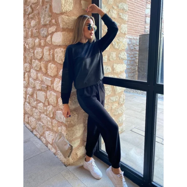 Kadın Uzun Kollu Kapşonlu Viskon Iki Iplik Bluz Ve Pantolon Ikili Takım