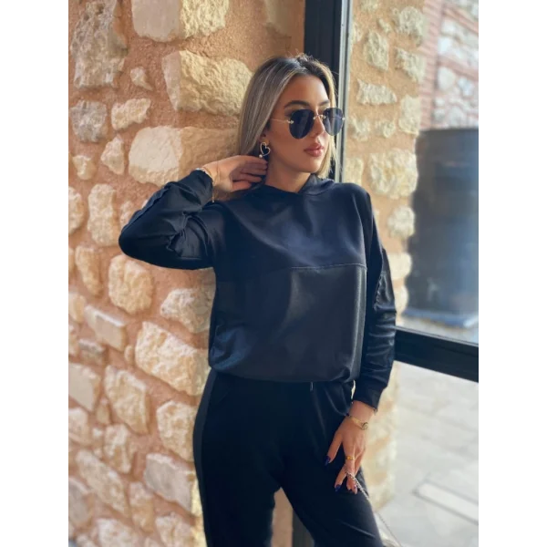 Kadın Uzun Kollu Kapşonlu Viskon Iki Iplik Bluz Ve Pantolon Ikili Takım