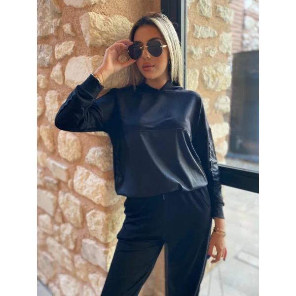 Kadın Uzun Kollu Kapşonlu Viskon Iki Iplik Bluz Ve Pantolon Ikili Takım