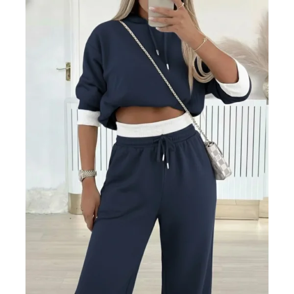 Kadın Uzun Kollu Kapşonlu Viskon Iki Iplik Füme Bluz Ve Pantolon Ikili Takım