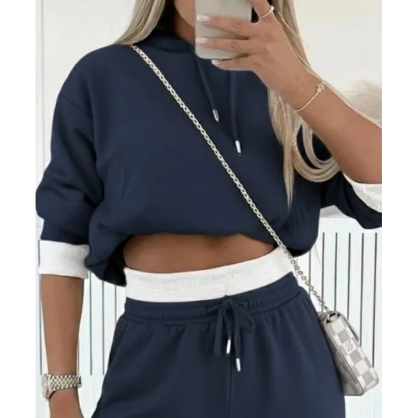 Kadın Uzun Kollu Kapşonlu Viskon Iki Iplik Füme Bluz Ve Pantolon Ikili Takım