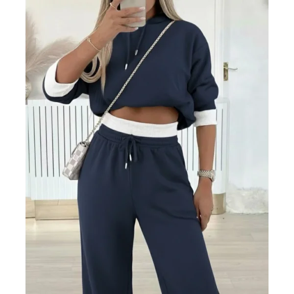 Kadın Uzun Kollu Kapşonlu Viskon Iki Iplik Füme Bluz Ve Pantolon Ikili Takım