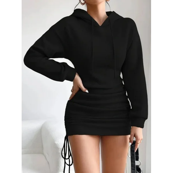Kadın Uzun Kollu Kapşonlu Yandan Büzgülü Mini Viskon Iki Iplik Elbise