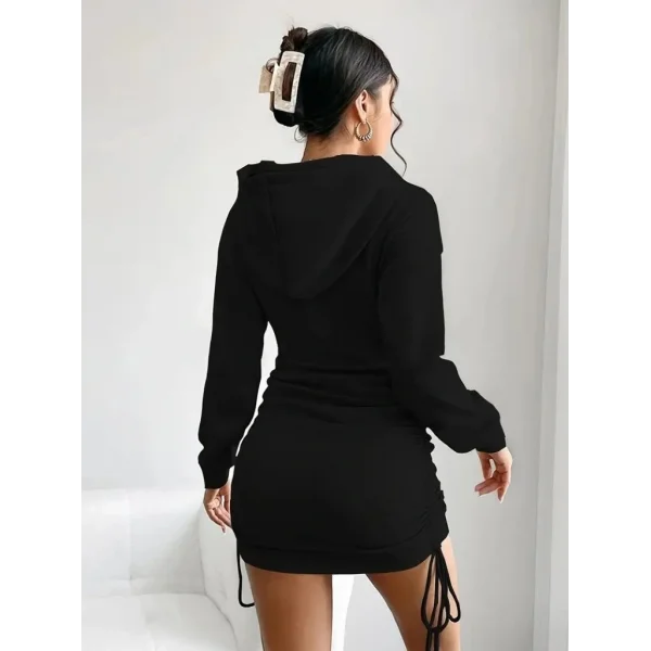 Kadın Uzun Kollu Kapşonlu Yandan Büzgülü Mini Viskon Iki Iplik Elbise