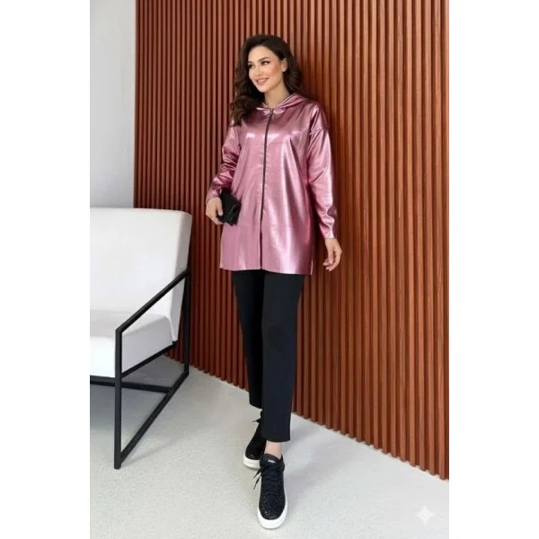 Kadın Uzun Kollu Kapüşon Detay Fermuarlı Tunik Hırka