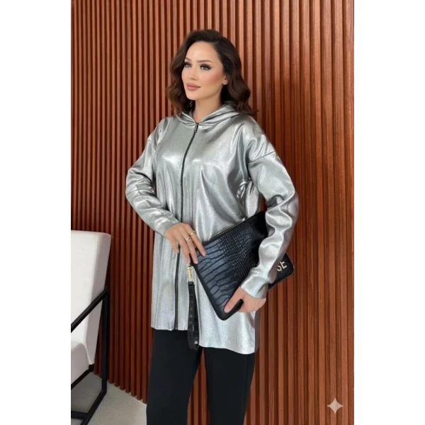 Kadın Uzun Kollu Kapüşon Detay Fermuarlı Tunik Hırka