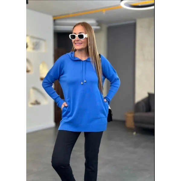 Kadın Uzun Kollu Kapüşon Detay Triko Tunik