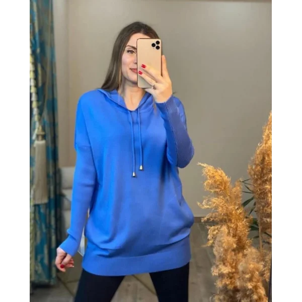 Kadın Uzun Kollu Kapüşon Detay Triko Tunik