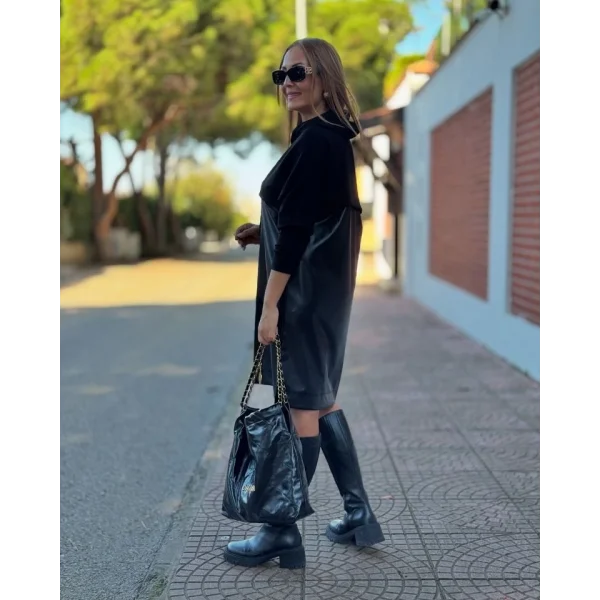 Kadın Uzun Kollu Kapüşon Ve Deri Detay Diz üstü Elbise