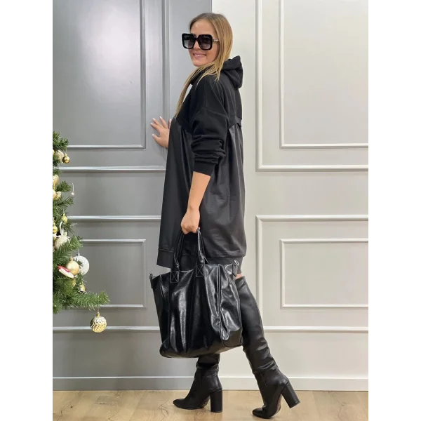 Kadın Uzun Kollu Kapüşon Ve Deri Detay Diz üstü Elbise