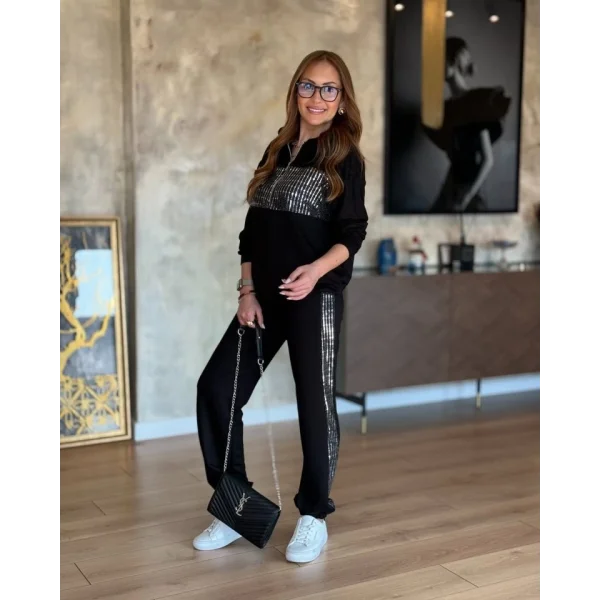 Kadın Uzun Kollu Kapüşon Ve Pul Payet Detay Ceket Ve Pantolon Ikili Takım