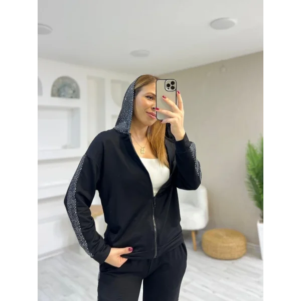 Kadın Uzun Kollu Kapüşon Ve Pul Payet Detay Ceket Ve Pantolon Ikili Takım