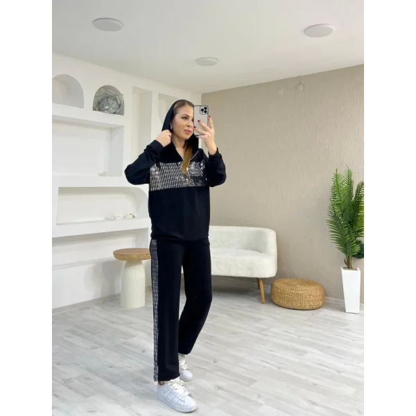 Kadın Uzun Kollu Kapüşon Ve Pul Payet Detay Ceket Ve Pantolon Ikili Takım