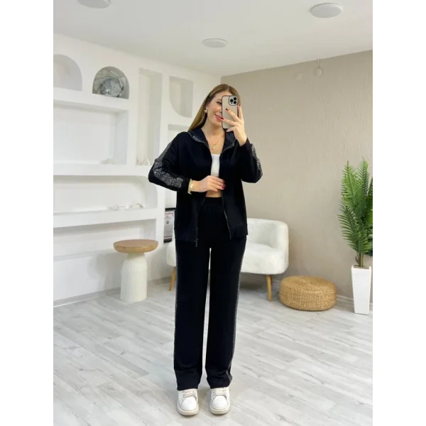 Kadın Uzun Kollu Kapüşon Ve Pul Payet Detay Ceket Ve Pantolon Ikili Takım