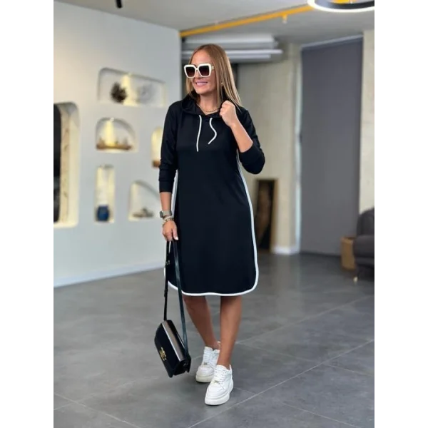 Kadın Uzun Kollu Kapüşon Ve Ribana Detay Diz üstü Elbise