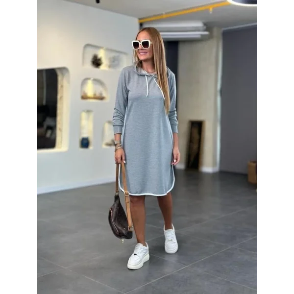 Kadın Uzun Kollu Kapüşon Ve Ribana Detay Diz üstü Elbise