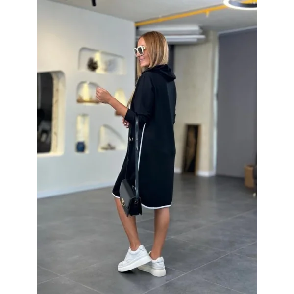 Kadın Uzun Kollu Kapüşon Ve Ribana Detay Diz üstü Elbise