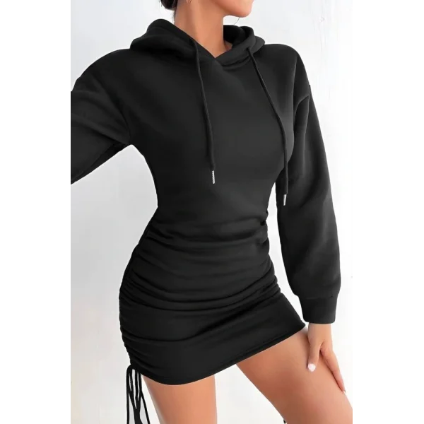 Kadın Uzun Kollu Kapüşon Ve Yandan Büzgü Detay Mini Elbise