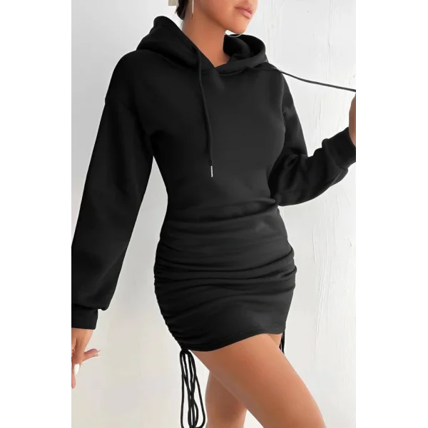 Kadın Uzun Kollu Kapüşon Ve Yandan Büzgü Detay Mini Elbise