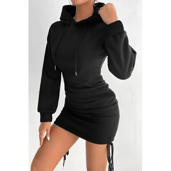 Kadın Uzun Kollu Kapüşon Ve Yandan Büzgü Detay Mini Elbise