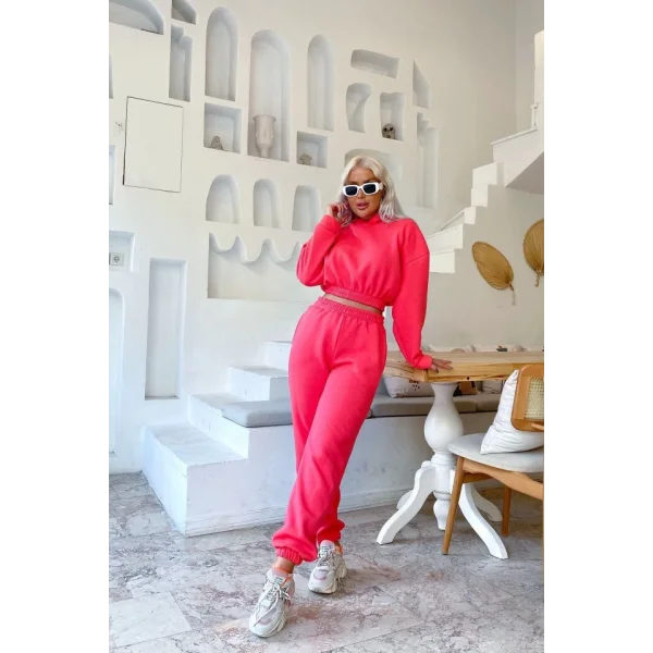 Kadın Uzun Kollu Kapüşonlu Beli astik Detay weat Ve Yüksek Bel Bileği astikli Pantolon üç üplik Kumaş Ikili Takım