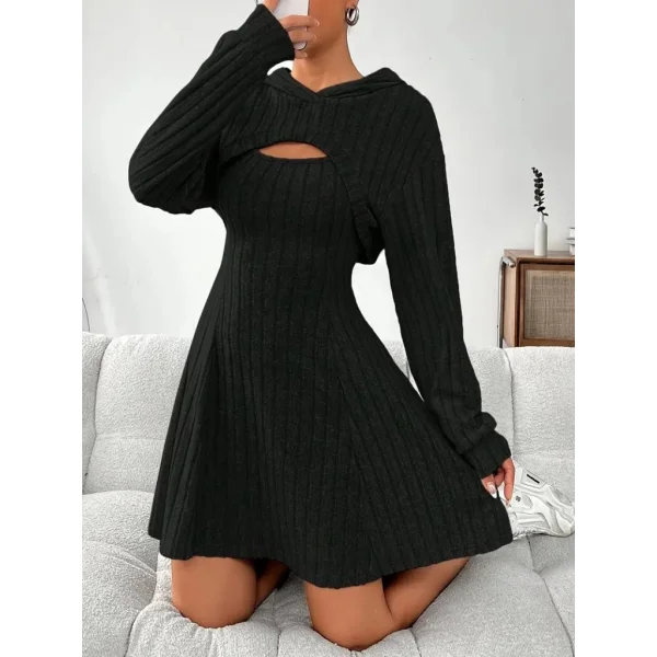 Kadın Uzun Kollu Kapüşonlu Ceket üst Ve Askısız Kare Yaka A Kesim şardonlu Kaşkorse Elbise