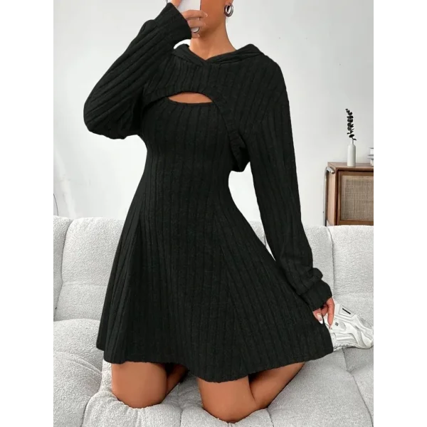 Kadın Uzun Kollu Kapüşonlu Ceket üst Ve Askısız Kare Yaka A Kesim şardonlu Kaşkorse Elbise