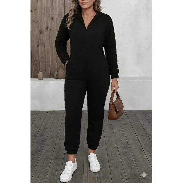 Kadın Uzun Kollu Kapüşonlu Tavşan Kulak Detaylı Peluş Tulum