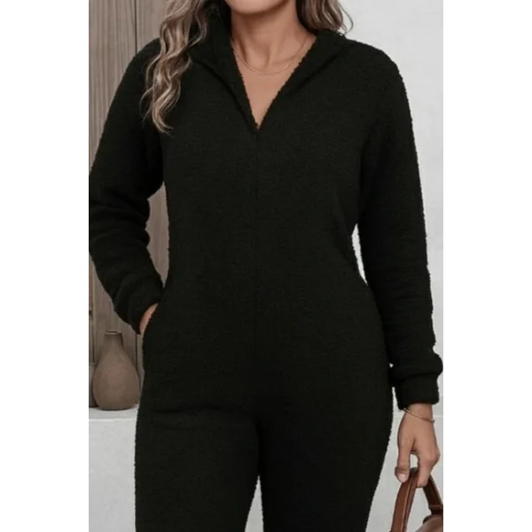 Kadın Uzun Kollu Kapüşonlu Tavşan Kulak Detaylı Peluş Tulum