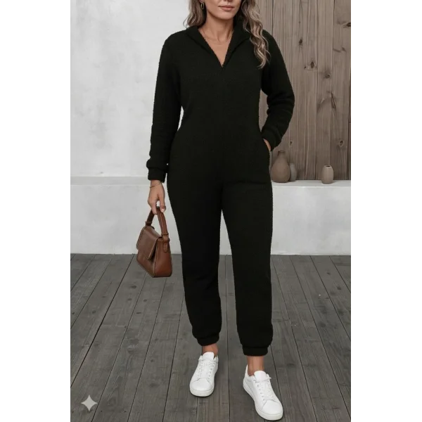 Kadın Uzun Kollu Kapüşonlu Tavşan Kulak Detaylı Peluş Tulum