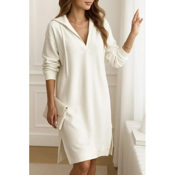 Kadın Uzun Kollu Kapüşonlu Yakası Açık Modal Elbise