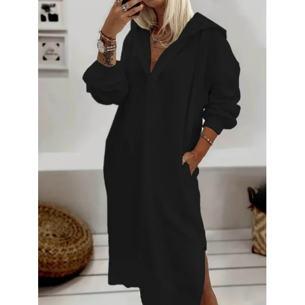Kadın Uzun Kollu Kapüşonlu Yakası Açık Modal Elbise