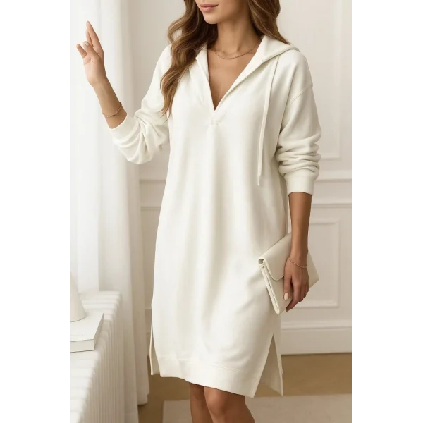 Kadın Uzun Kollu Kapüşonlu Yakası Açık Modal Elbise