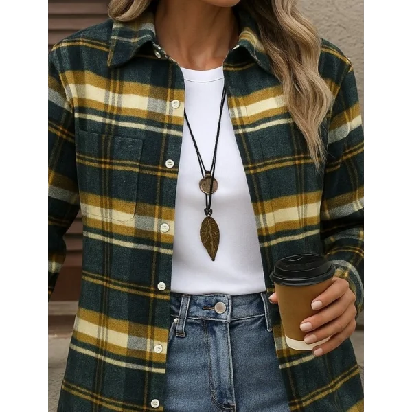 Kadın Uzun Kollu Kare Desenli önden Düğmeli Dokuma Gömlek