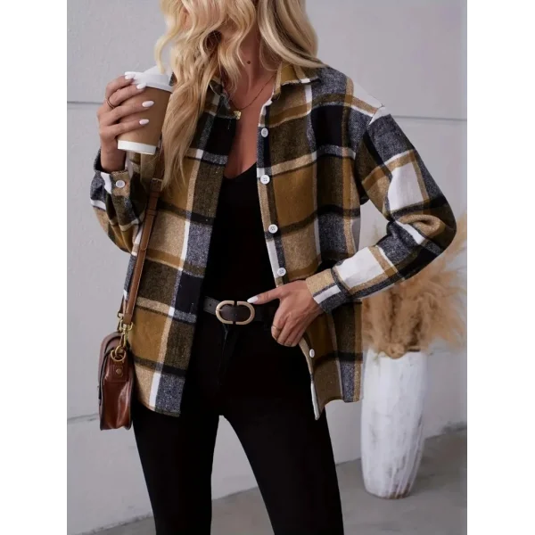 Kadın Uzun Kollu Kare Desenli önden Düğmeli Dokuma Gömlek