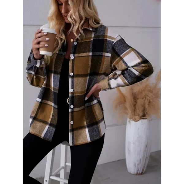 Kadın Uzun Kollu Kare Desenli önden Düğmeli Dokuma Gömlek