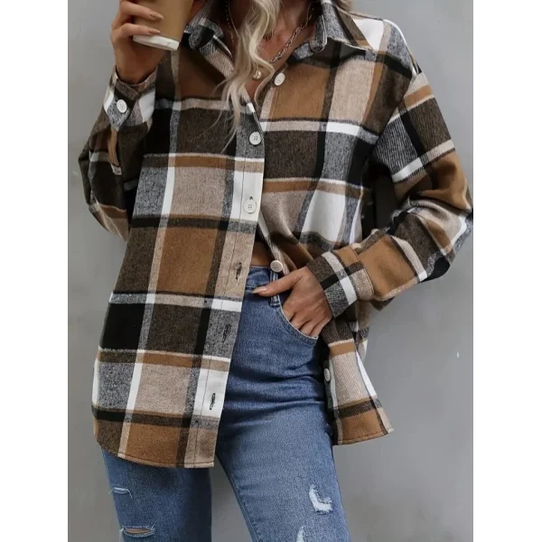 Kadın Uzun Kollu Kare Desenli önden Düğmeli Dokuma Gömlek