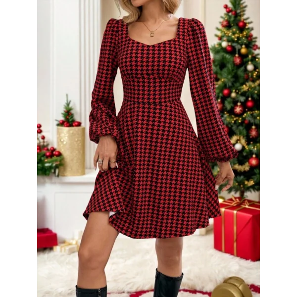 Kadın Uzun Kollu Kare Kalp Yakalı Mini Modal Elbise
