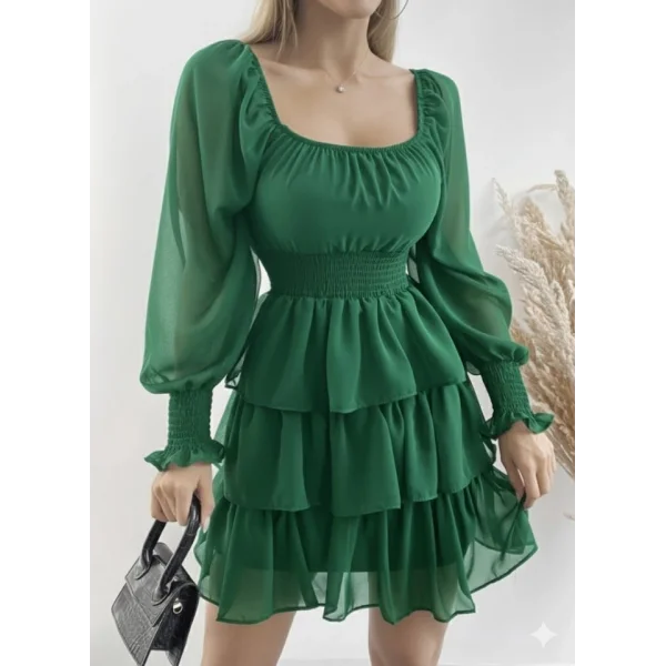 Kadın Uzun Kollu Kare Yaka Beli Lastikli Volanlı şifon Elbise