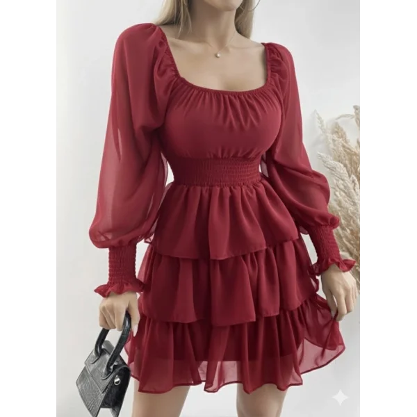 Kadın Uzun Kollu Kare Yaka Beli Lastikli Volanlı şifon Elbise