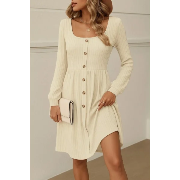 Kadın Uzun Kollu Kare Yaka Düğmeli Kısa şardonlu Iki Iplik Mini Elbise