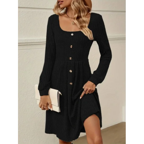 Kadın Uzun Kollu Kare Yaka Düğmeli Kısa şardonlu Iki Iplik Mini Elbise