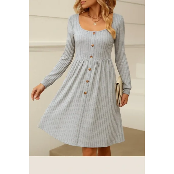Kadın Uzun Kollu Kare Yaka Düğmeli Kısa şardonlu Iki Iplik Mini Elbise