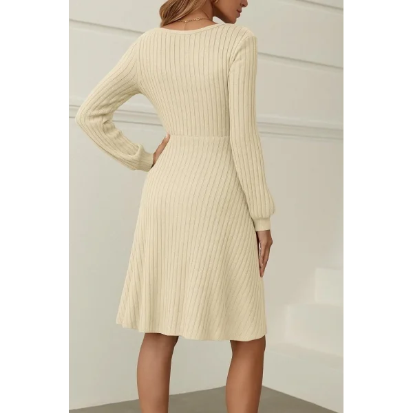 Kadın Uzun Kollu Kare Yaka Düğmeli Kısa şardonlu Iki Iplik Mini Elbise