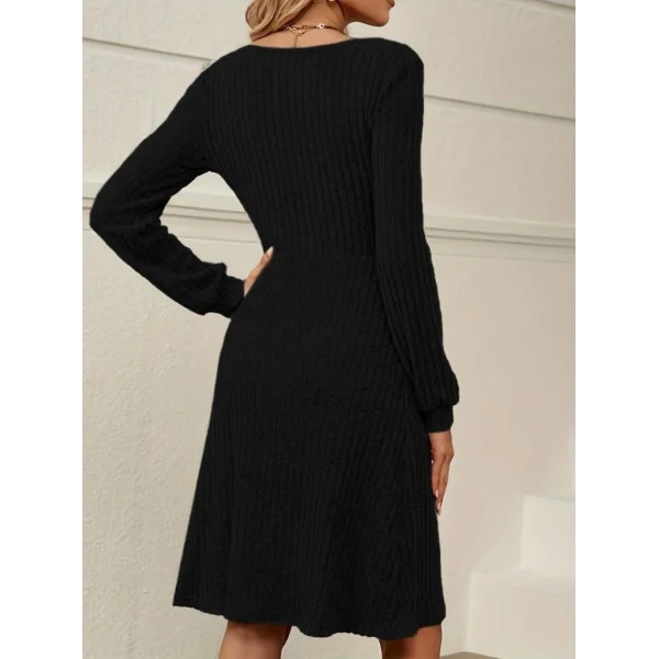 Kadın Uzun Kollu Kare Yaka Düğmeli Kısa şardonlu Iki Iplik Mini Elbise