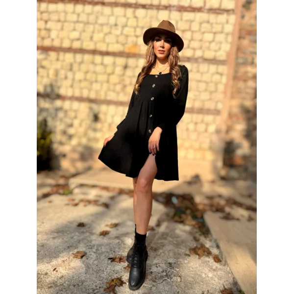 Kadın Uzun Kollu Kare Yaka Düğmeli Kısa şardonlu Iki Iplik Mini Elbise