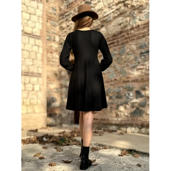 Kadın Uzun Kollu Kare Yaka Düğmeli Kısa şardonlu Iki Iplik Mini Elbise