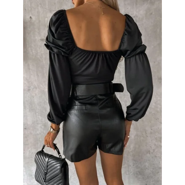 Kadın Uzun Kollu Kare Yaka Göğüs Büzgü Detay Sandy Bluz