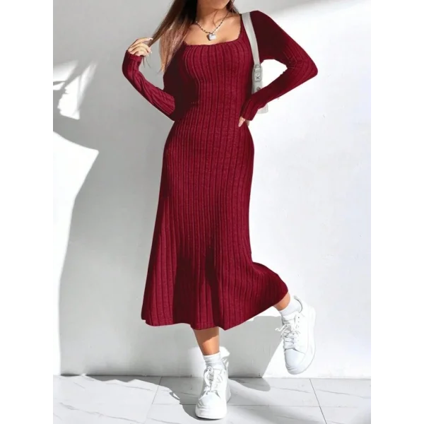 Kadın Uzun Kollu Kare Yaka Midi Kaşkorse Elbise