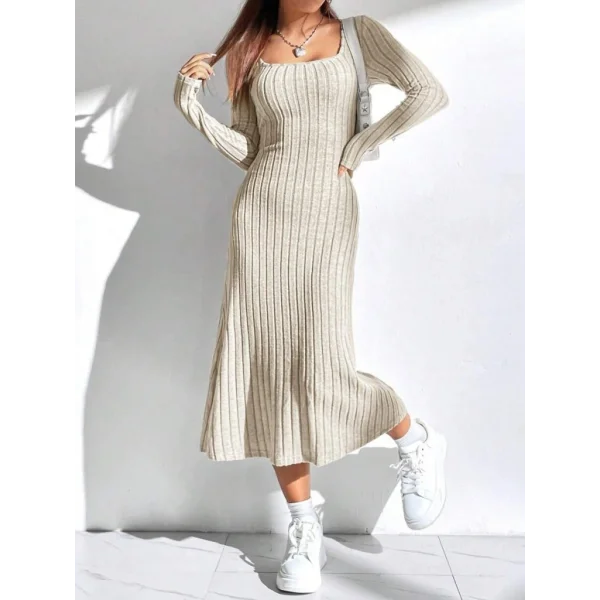 Kadın Uzun Kollu Kare Yaka Midi Kaşkorse Elbise